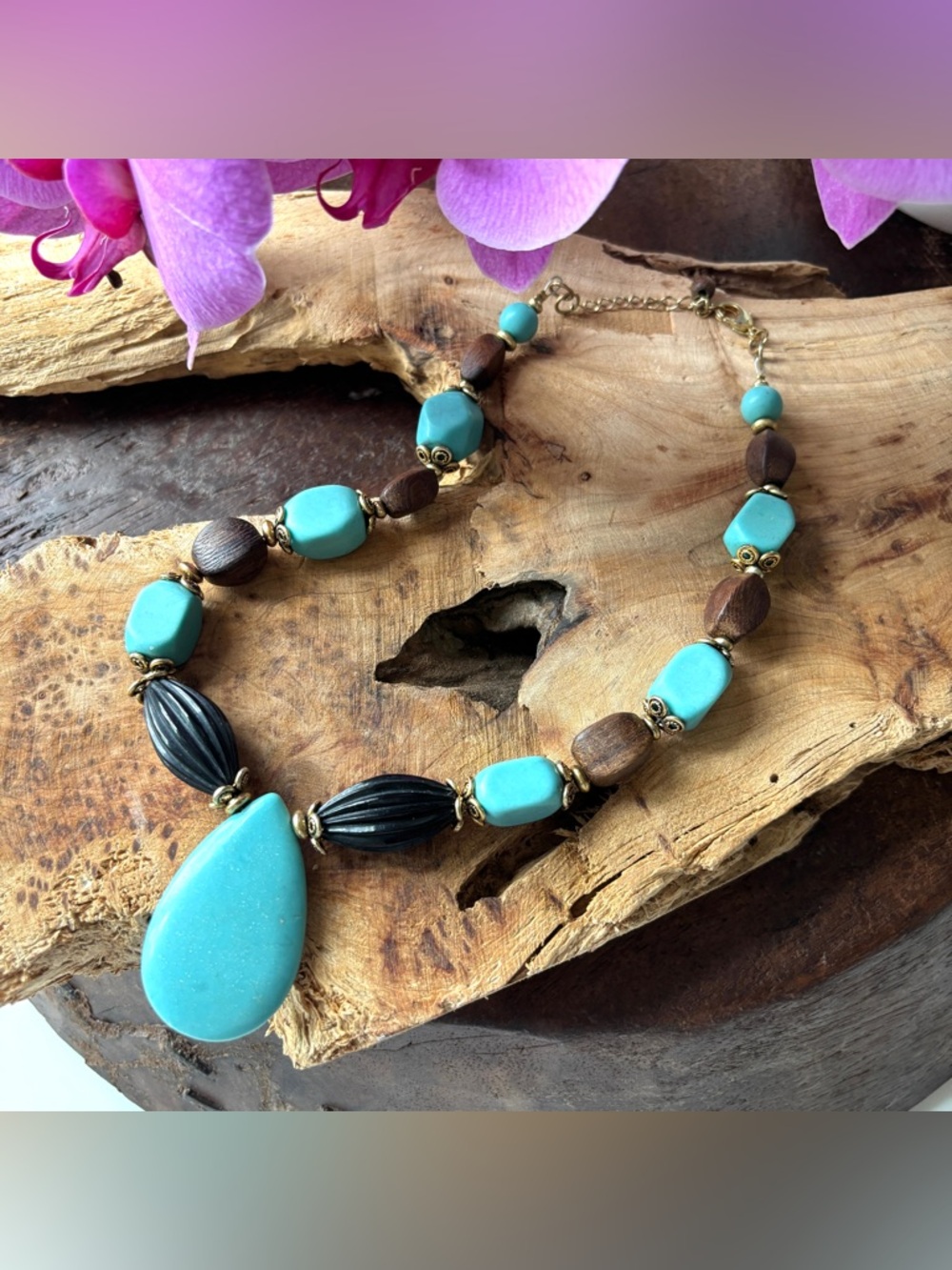 Turquoise Gold Pendant Statement Necklace Women Jewelry Chunky Beaded Accessory